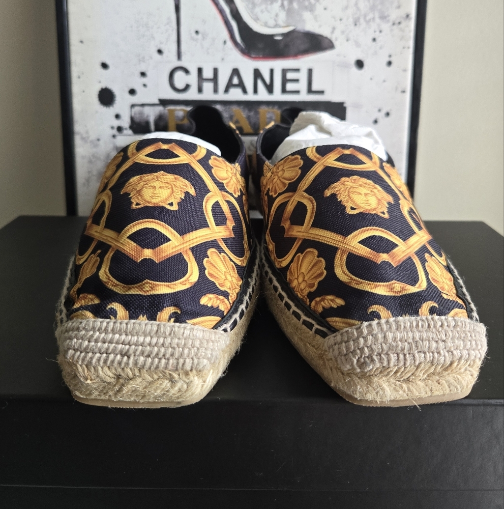 Versace St. Barocco Heritage Nappa Black and Gold Espadrilles Women's Size 9 - Picture 5 of 10
